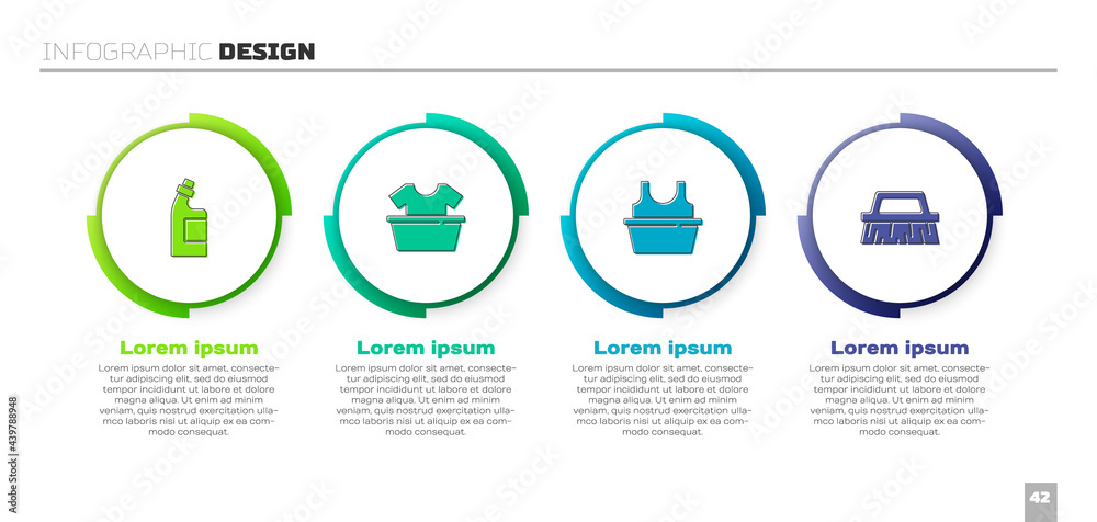 设置清洁剂瓶、衬衫盆和刷子。商业信息图模板。矢量