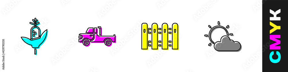 设置玉米、皮卡、木制花园围栏和阳光和云层天气图标。矢量