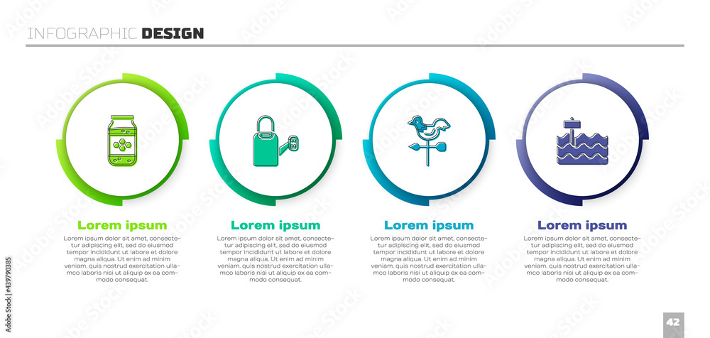 Set Jar of honey, Watering can, Rooster weather vane and Garden bed. Business infographic template. 