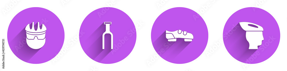 Set Bicycle helmet, fork, shoes and icon with long shadow. Vector