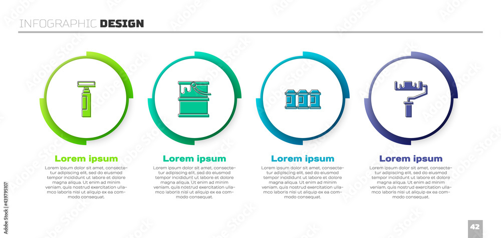 设置记号笔、油漆桶、喷雾罐和滚筒刷。商业信息图模板。矢量