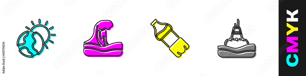 将全球变暖、海啸、水瓶和漂浮浮标设置在海洋图标上。矢量