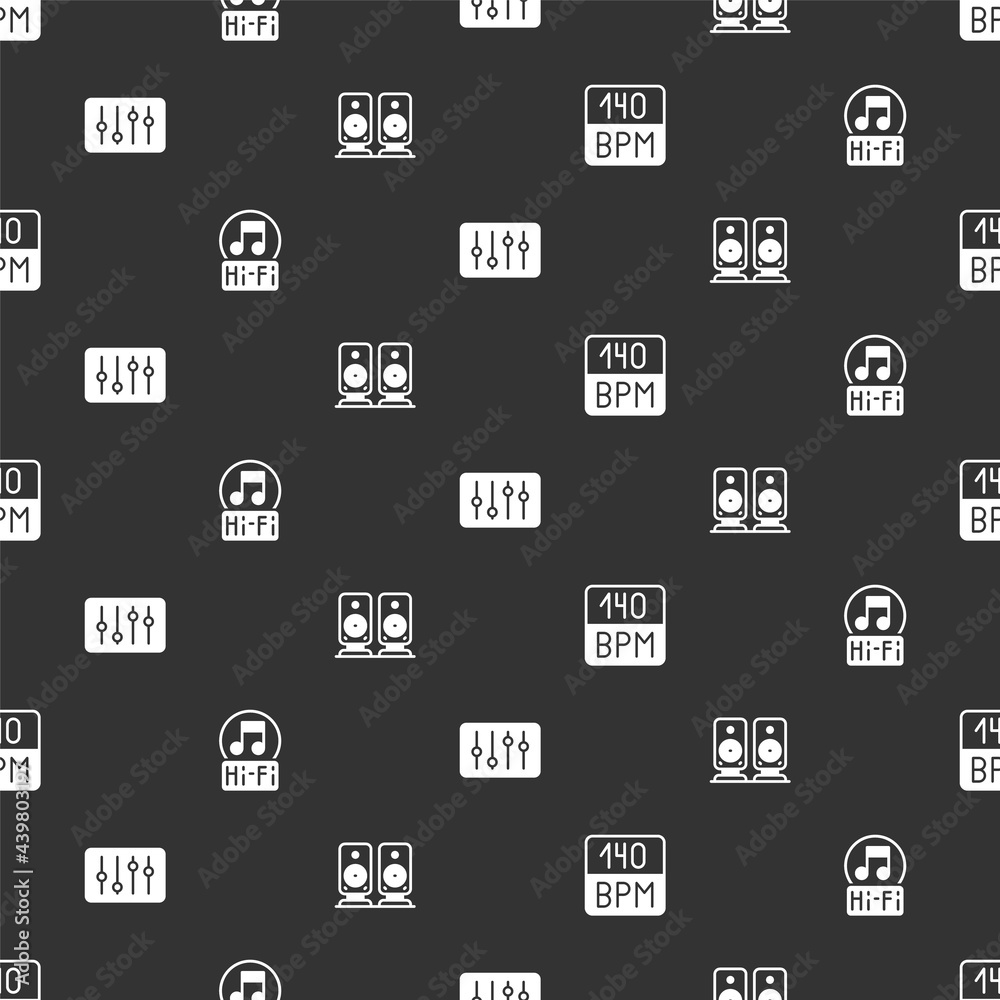 Set Bitrate, Music note, tone, Sound mixer controller and Stereo speaker on seamless pattern. Vector