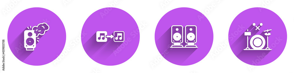 设置立体声扬声器、音符、音调和长阴影鼓手图标。矢量