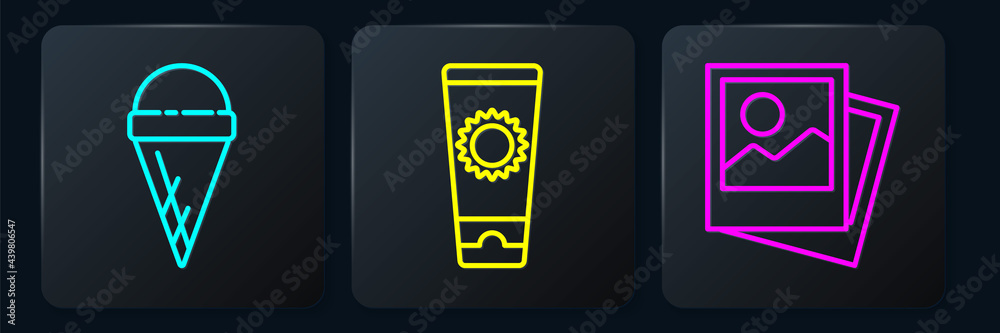 Set line Ice cream in waffle cone, Photo and Sunscreen cream in tube. Black square button. Vector