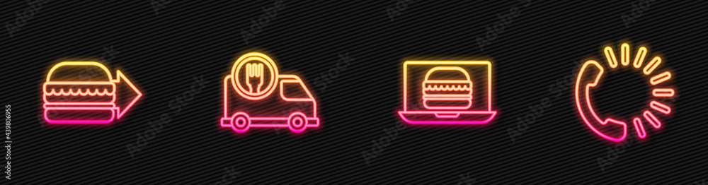 Set line Online ordering burger delivery, , Fast by car and Food. Glowing neon icon. Vector