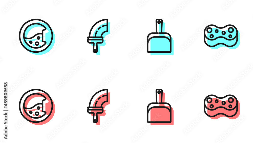 Set line Dustpan, Washer, Rubber cleaner for windows and Sponge icon. Vector