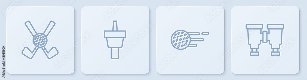 设线交叉高尔夫球杆，带球、高尔夫、发球台和双筒望远镜。白色方形按钮。矢量