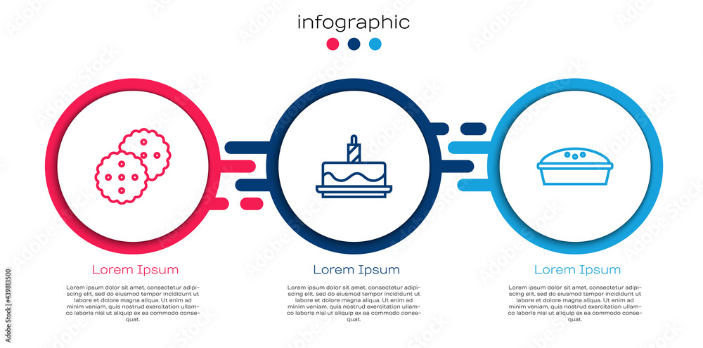 定线饼干或饼干，带燃烧蜡烛的蛋糕和自制馅饼。商业信息图模板