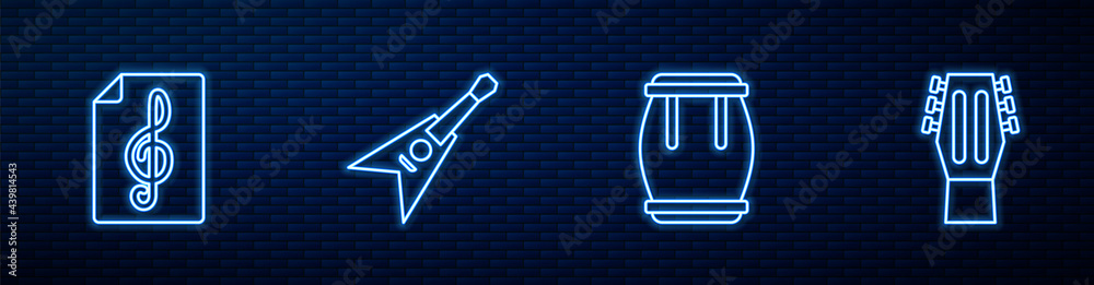 Set line Drum, Treble clef, Electric bass guitar and Guitar. Glowing neon icon on brick wall. Vector