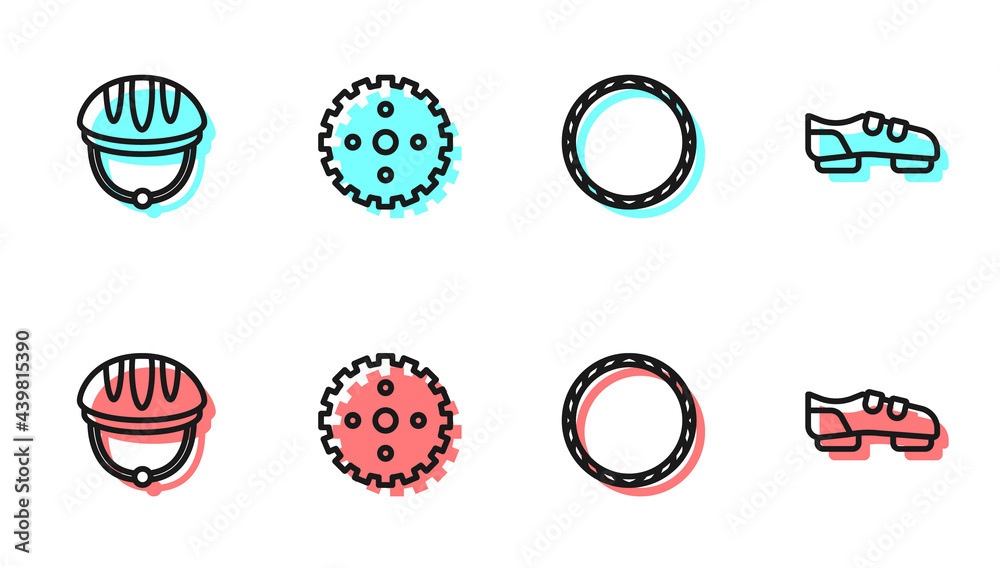 Set line Bicycle wheel, helmet, sprocket crank and shoes icon. Vector