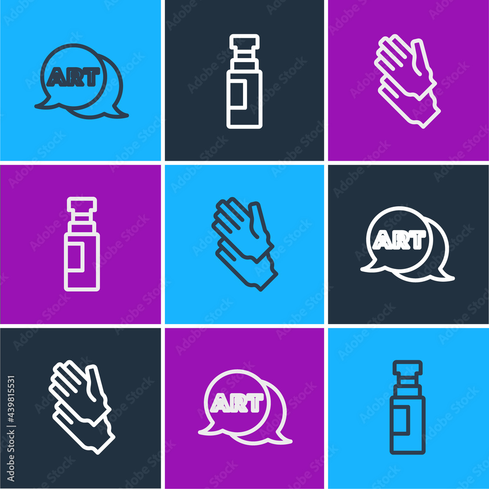 Set line Speech bubble with text art, Rubber gloves and Marker pen icon. Vector