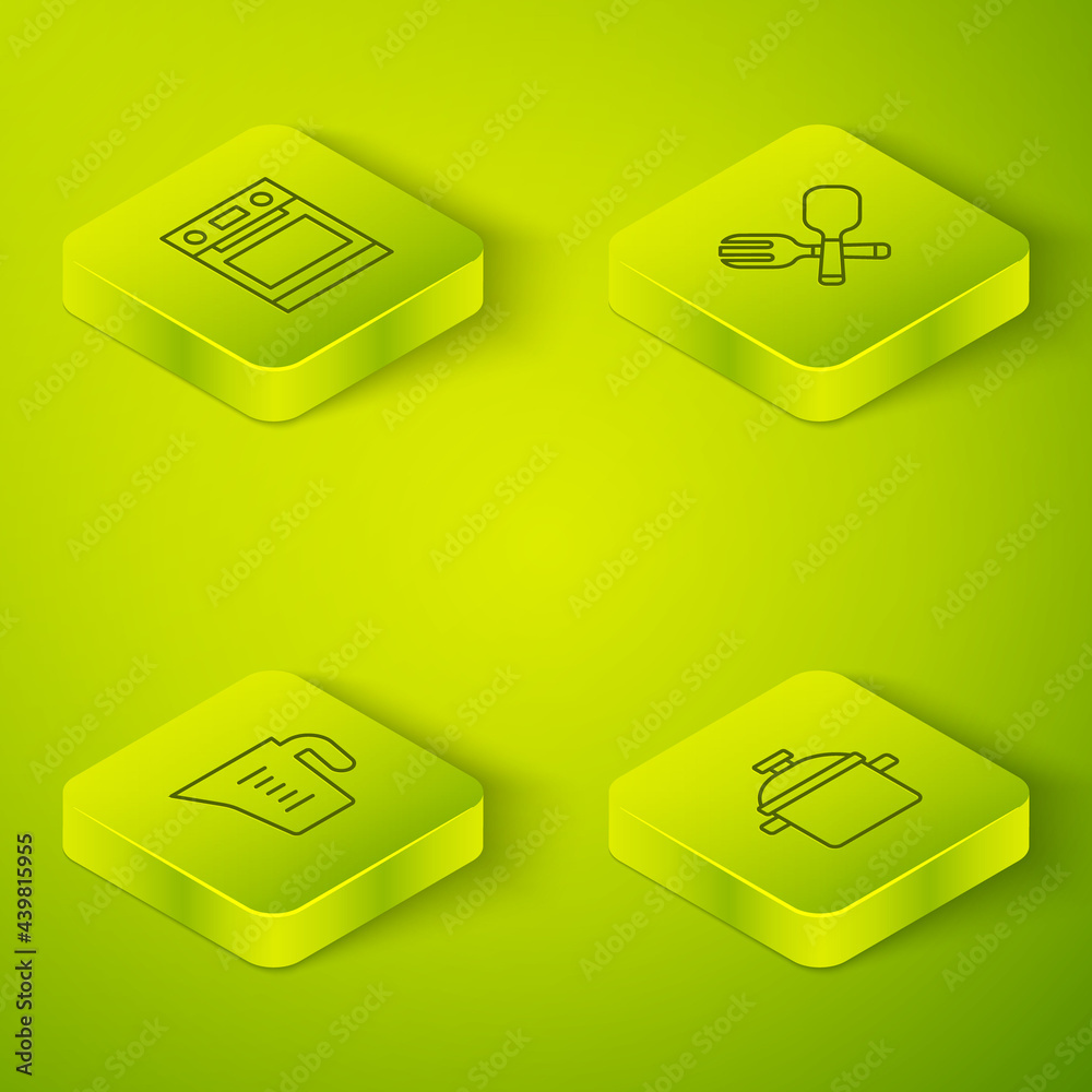 Set Isometric line Crossed fork and spoon, Measuring cup, Cooking pot and Oven icon. Vector