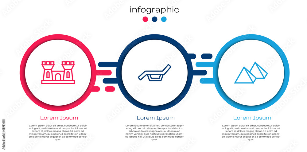 Set line Sand castle, Sunbed umbrella and Egypt pyramids. Business infographic template. Vector