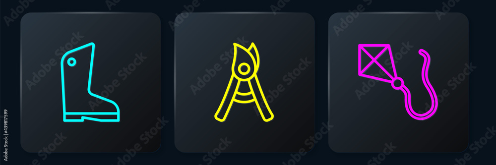 Set line Rubber gloves, Kite and Gardening handmade scissors. Black square button. Vector