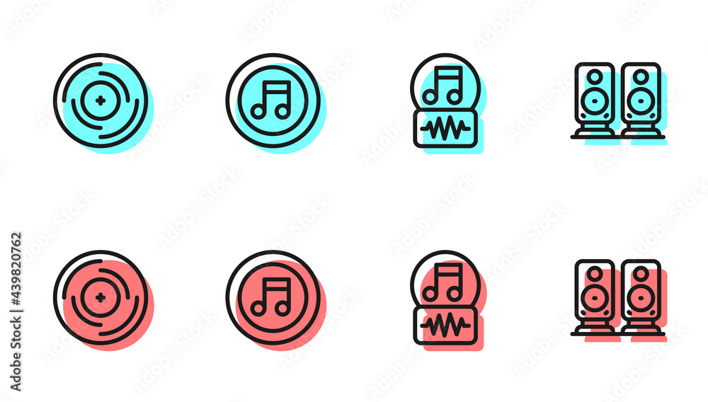 Set line Music note, tone, Vinyl disk, and Stereo speaker icon. Vector