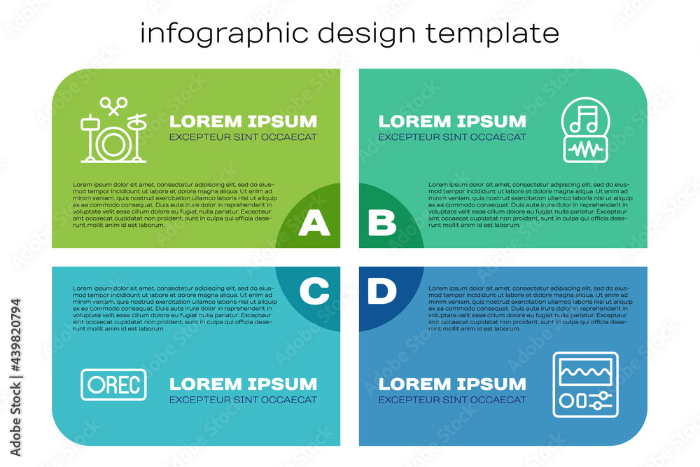 Set line Record button，Drums，machine and Music note，tone。商业信息图模板。Vector