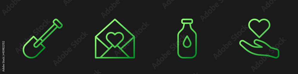 Set line Bottle of water, Shovel, Envelope with Valentine heart and Heart hand. Gradient color icons