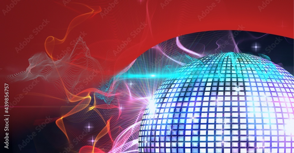 Digitally generated image of digital waves and disco ball against red technology background