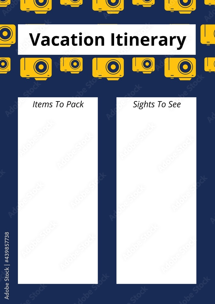 Vacation itinerary text with copy space against multiple digital camera icons on blue background
