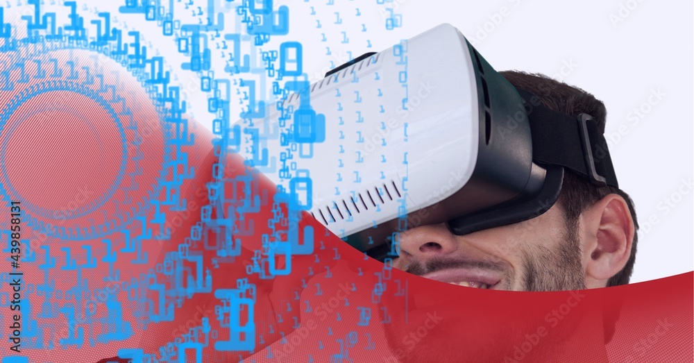 Binary coding data processing over businessman wearing vr headset against red technology background