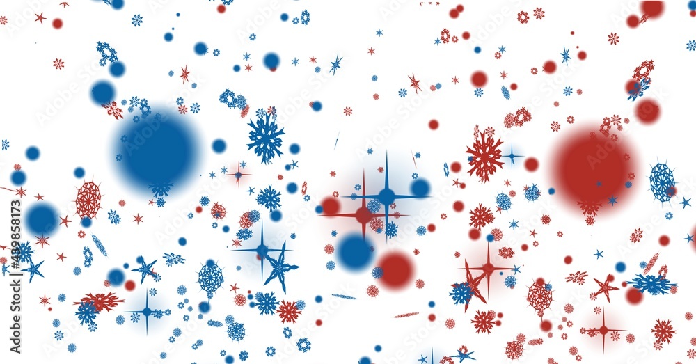 数字生成的白色背景下的蓝色、红色星星和雪花图像