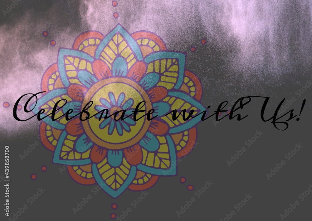 Celebrate with us text against colorful floral design and pink smoke effect on grey background