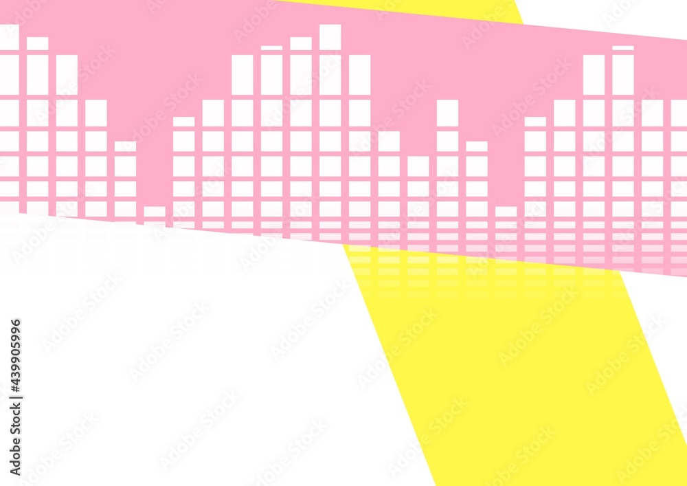 Composition of block grid on pink band over yellow rectangle on white background