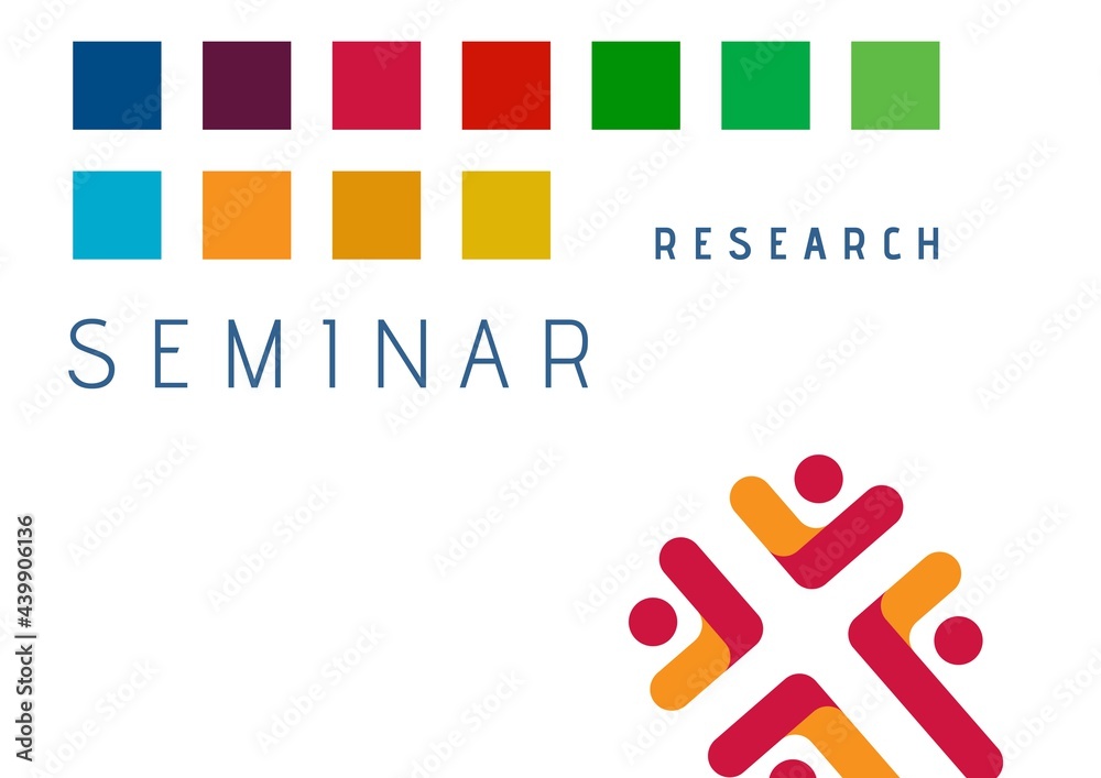 Composition of research seminar text with colourful squares and red design detail, on white