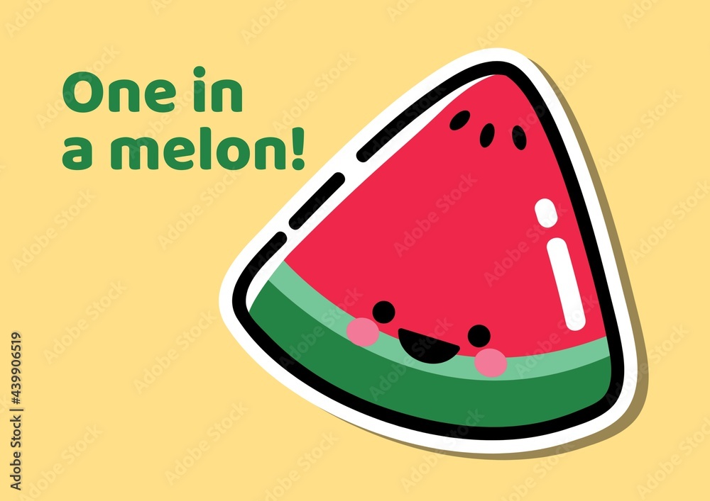 Composition of one in a melon text with smiling watermelon on yellow background