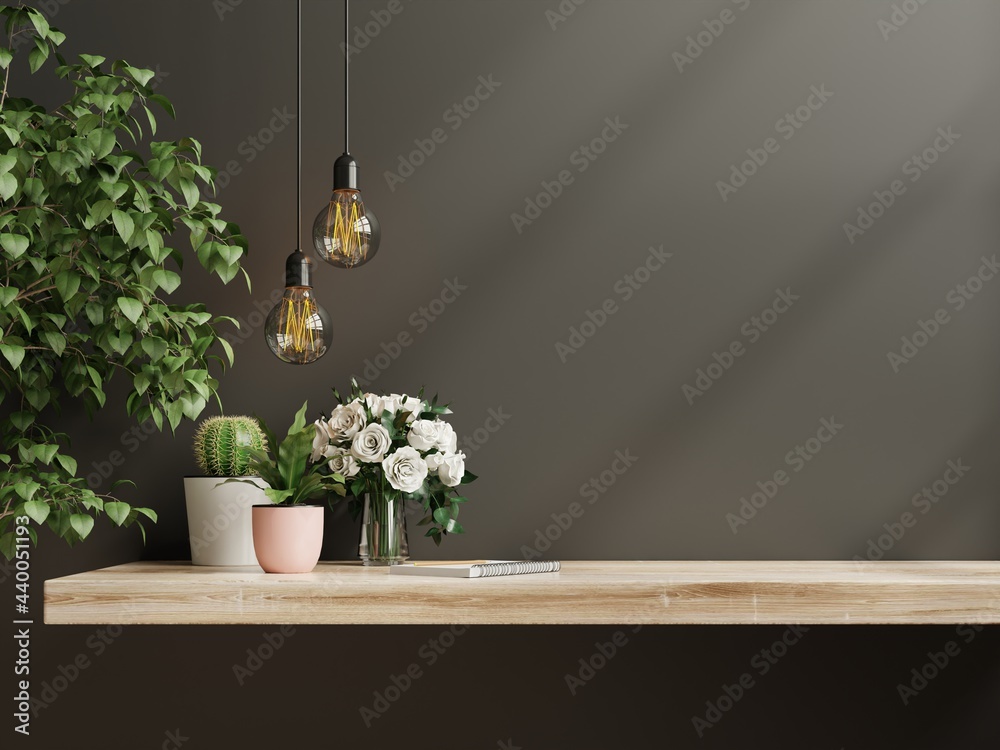 Interior wall mockup with green plant,Black wall and shelf.