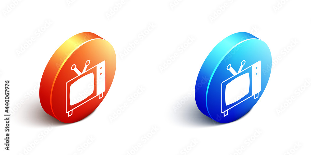 Isometric Retro tv icon isolated on white background. Television sign. Orange and blue circle button