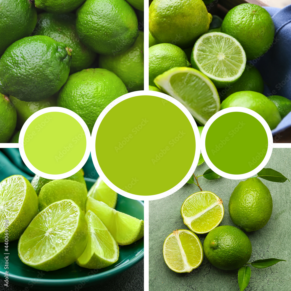 Collage of fresh limes with color samples