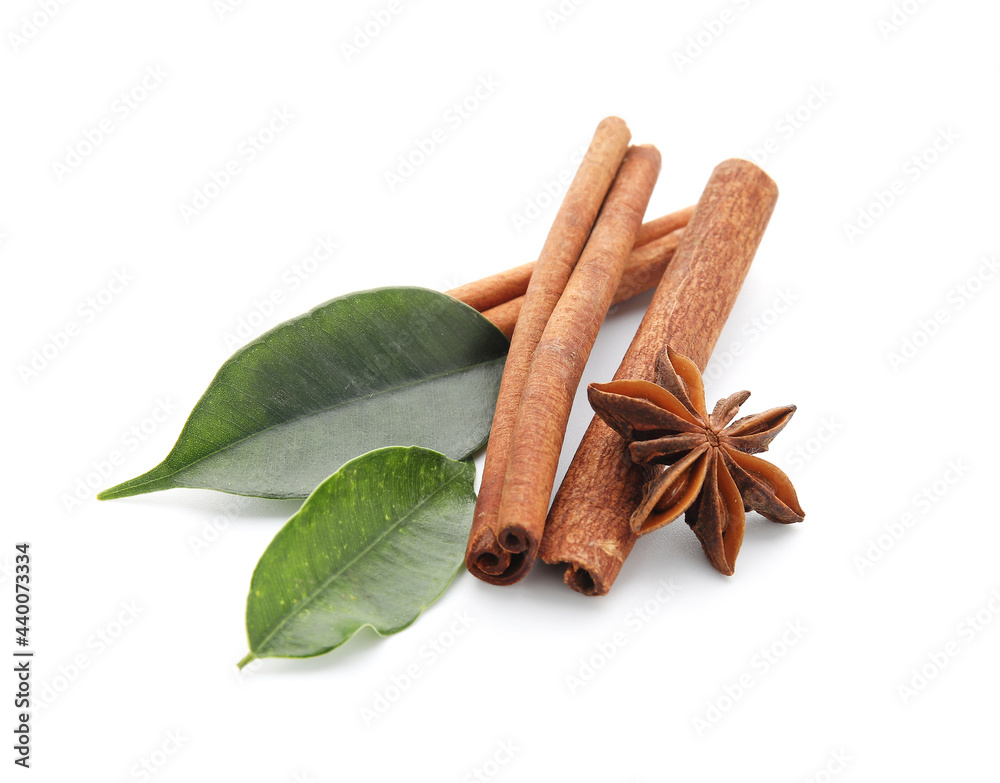 Cinnamon sticks on white background