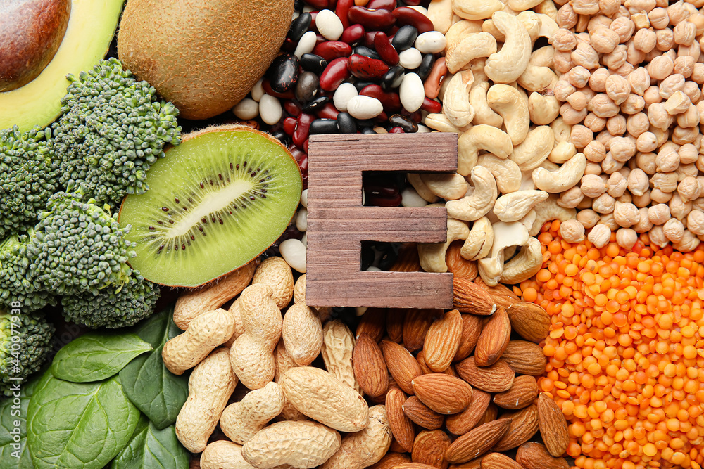 Healthy products rich in vitamin E, closeup