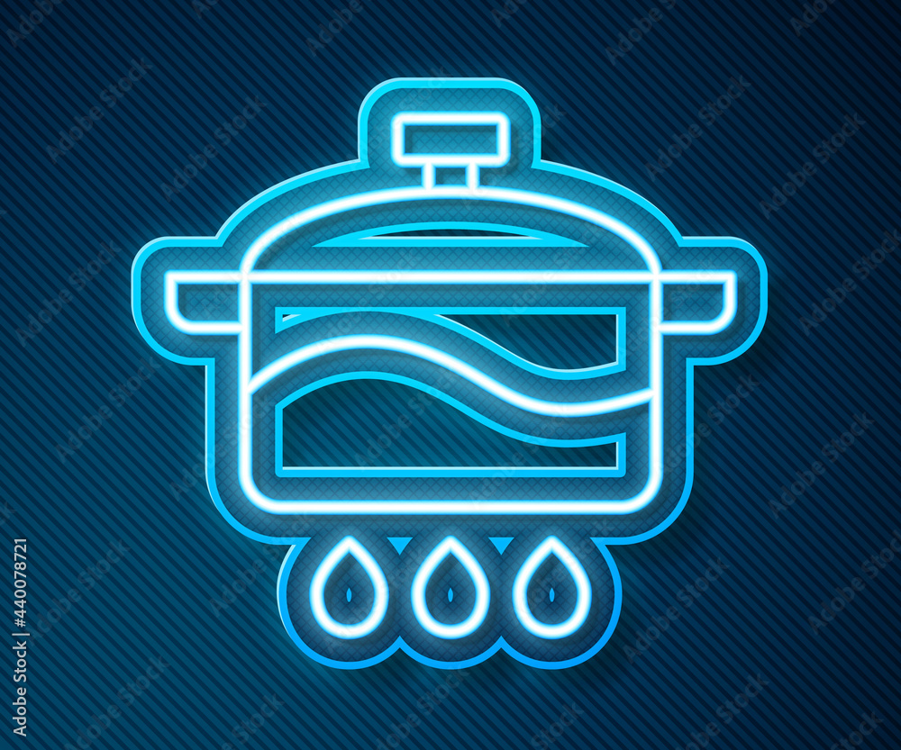 Glowing neon line Cooking pot icon isolated on blue background. Boil or stew food symbol. Vector