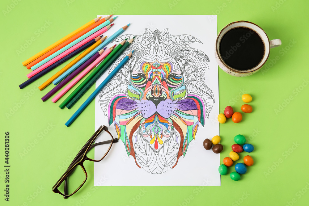 Composition with coloring picture on table