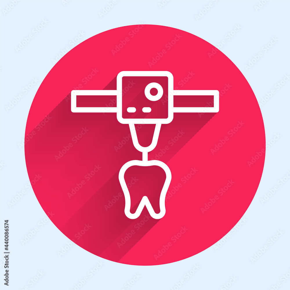 白线3D打印机牙齿图标与长阴影隔离。3D打印。红圈按钮。矢量