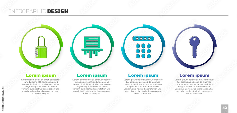 设置安全组合锁、碎纸机、密码保护和密钥。商业信息图模板