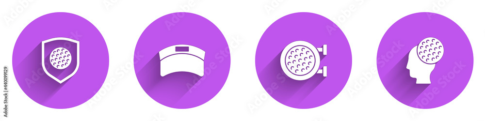 Set Golf ball with shield, Sun visor cap, sport club and icon with long shadow. Vector