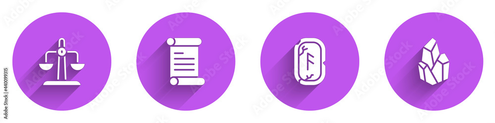 设置天秤座黄道十二宫、法令、羊皮纸、卷轴、魔法符文和带长阴影的石头图标。矢量