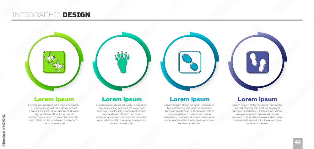 设置鹅掌足迹，熊，人类足迹鞋和。商业信息图模板。矢量
