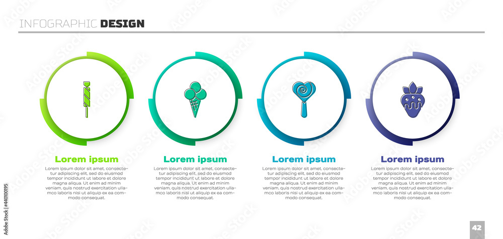 套装糖果、华夫饼冰淇淋、棒棒糖和草莓巧克力。商业信息图模板