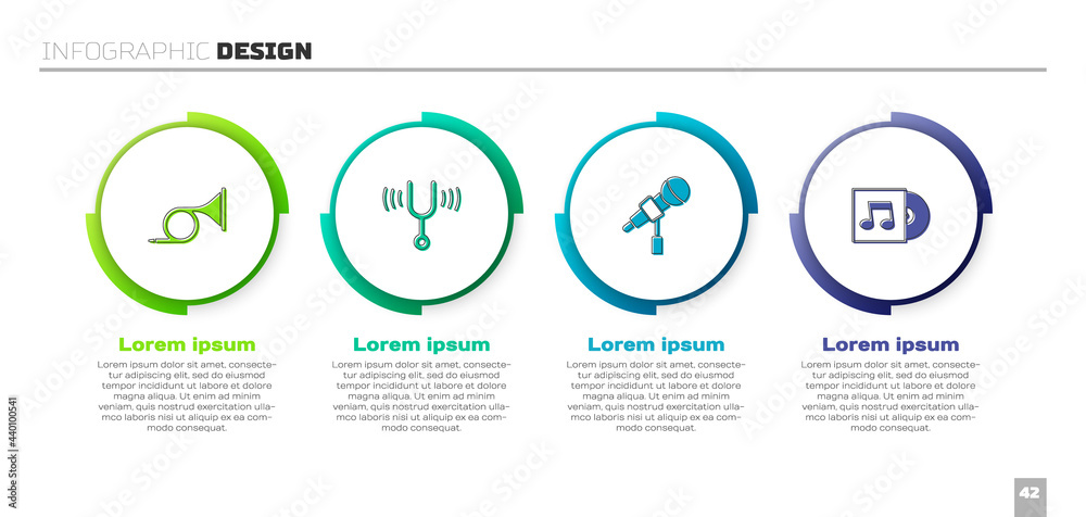设置小号，音乐音叉，麦克风和乙烯基唱片。商业信息图模板。矢量