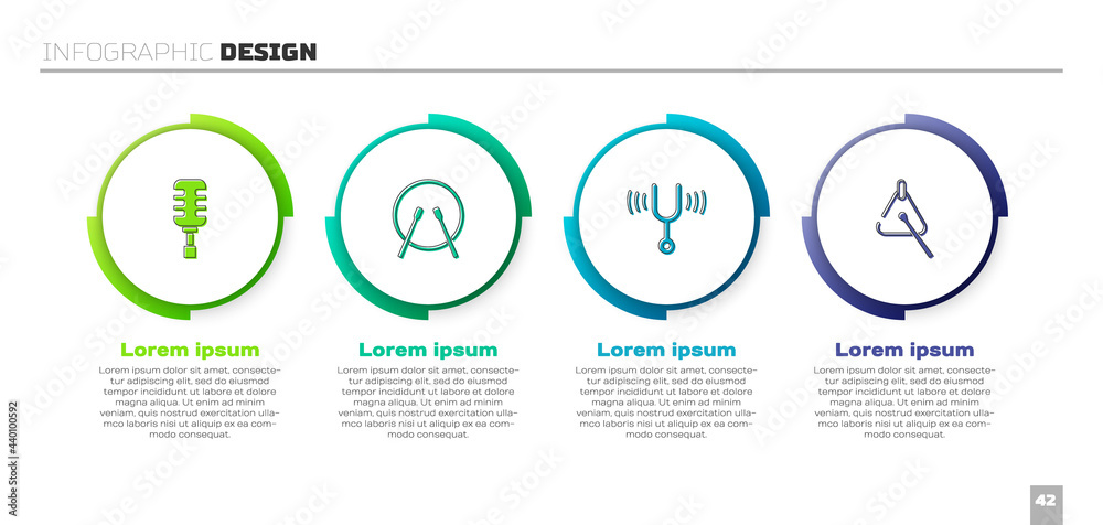 设置麦克风、鼓和鼓槌、音乐音叉和三角。商业信息图模板