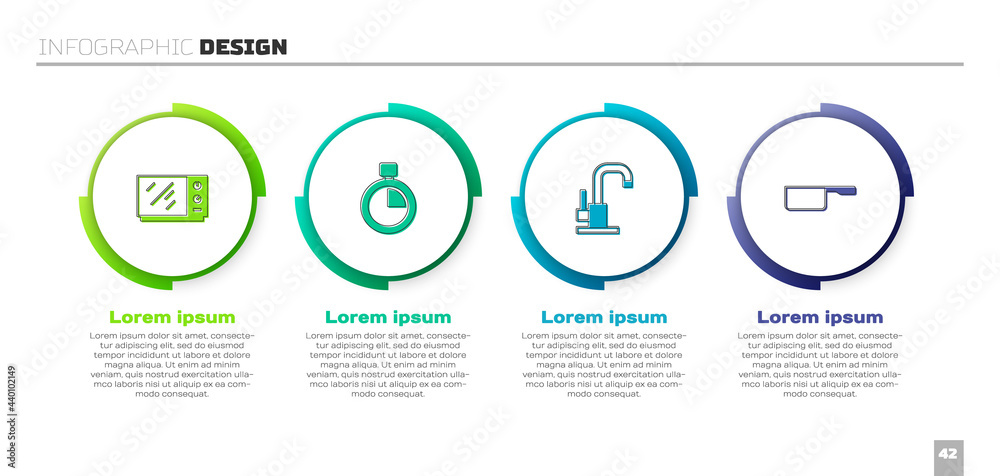 设置微波炉、秒表、水龙头和Saucepan。商业信息图模板。Vector