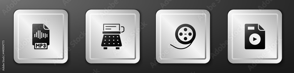 设置MP3文件文档、复古打字机、胶卷卷轴和AVI图标。银色方形按钮。矢量