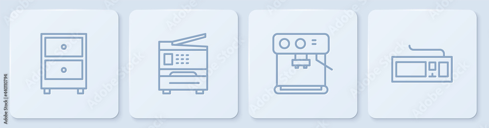 设置行抽屉，配有文件、咖啡机、打印机和键盘。白色方形按钮。矢量