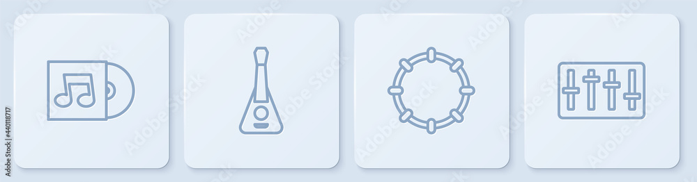 设置线乙烯基唱片、铃鼓、吉他和混音器控制器。白色方形按钮。矢量