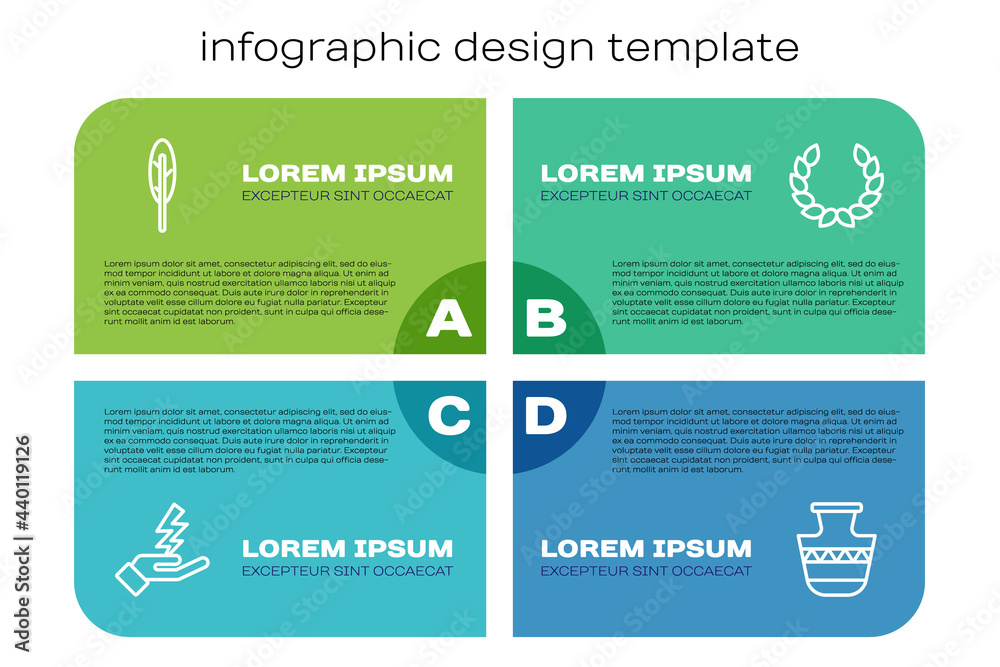 Set line Zeus, Feather pen, Ancient amphorae and Laurel wreath. Business infographic template. Vecto